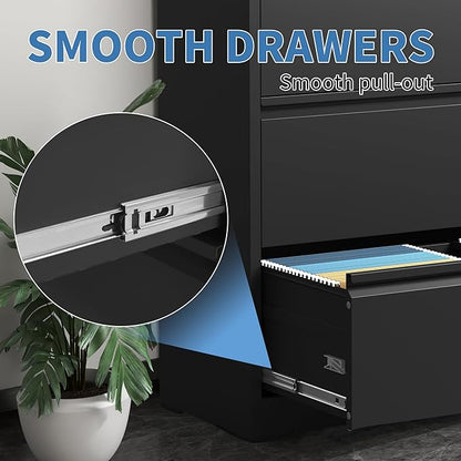 3 Drawer File Cabinet, Black Office Cabinets with Lock, Heavy Duty Metal Filing Cabinet for Home Office, Horizontal Lockable File Cabinet for Legal/Letter/A4 Size Files, Require Assembly