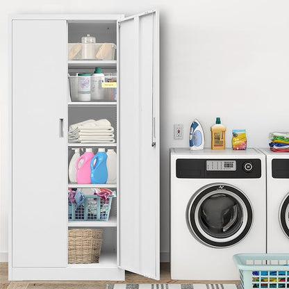 CMY Metal Storage Cabinet with Locking Doors and 5 Adjustable Shelves, 71” Tall Steel Storage Cabinets for Garage, Home Office, Pantry (White)