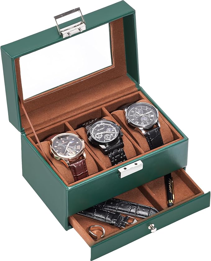 ProCase Watch Box, 3 Slot Watches Display Case with Drawer, Mens Watch Case with Glass Lid, 2-Layer Mens Jewelry Organizer Storage Holder, Birthday Valentine Gifts for Men-3 Slot, MidnightGreen
