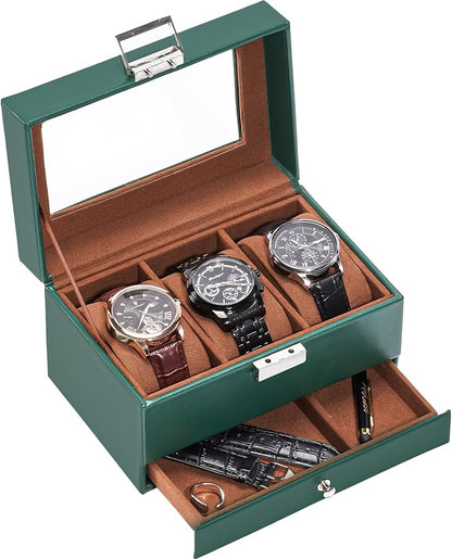 ProCase Watch Box, 3 Slot Watches Display Case with Drawer, Mens Watch Case with Glass Lid, 2-Layer Mens Jewelry Organizer Storage Holder, Birthday Valentine Gifts for Men-3 Slot, MidnightGreen