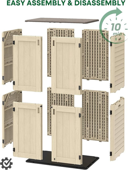 Vertical Outdoor Storage Shed, 60 Cu.Ft Resin Storage Cabinet Waterproof with Lockable Floor, All-Weather Tall Backyard Shed for Patio Furniture, Garage, Garden, Porch (Khaki)