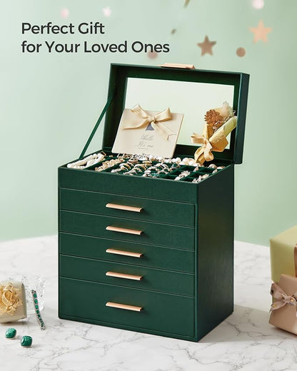SONGMICS GISELLA Collection - Jewelry Box Organizer, 6-Layer Jewelry Storage with 5 Drawers, Shiny Metal Hardware, Glass Lid, Modern, 6.4 x 9.9 x 11.4 Inches, Forest Green and Gold Color UJBC171C01