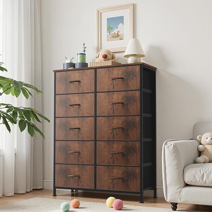 Sweetcrispy 10 Drawer Fabric Dresser Storage Tower with Bins, Tall Chest Organizer for Bedroom Closet Hallway, Steel Frame Wood Top Easy Pull Handles,Rustic Brown