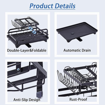 2 Tier Dish Drying Rack Automatic Drainage Board Space-Saving for Kitchen Counter with Cups Holder