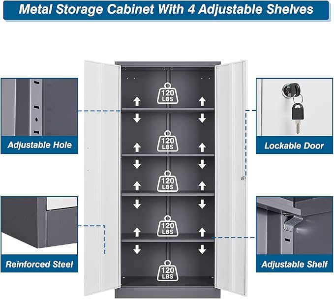 Metal Garage Storage Cabinet, 71-inch Tall Cabinet with Adjustable Shelves & Locking Doors, Tool Cabinets for Garage,Office,Home,School,Gym (Grey White)