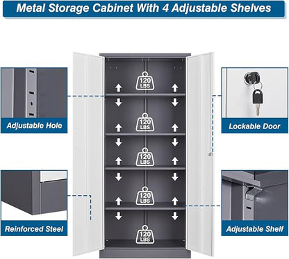 Metal Garage Storage Cabinet, 71-inch Tall Cabinet with Adjustable Shelves & Locking Doors, Tool Cabinets for Garage,Office,Home,School,Gym (Grey White)