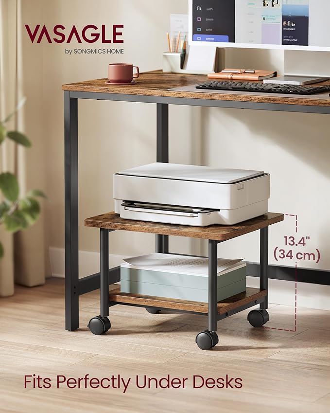 VASAGLE Printer Stand with Locking Wheels, 2-Tier Shelf, Industrial Under Desk Heavy-Duty Mobile Cart for Home Office, Rustic Brown and Black UOPS002B01