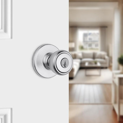 Kwikset Tylo Entry Door Knob with Lock and Key, Secure Keyed Handle Exterior Doorknob, Front Entrance and Bedroom, Satin Chrome, Pick Resistant SmartKey Rekey Security