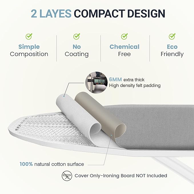 Ironing Board Cover and Pad 18"x49" Extra Thick Natural Cotton, Scorch and Stain Resistant Iron Board Cover, Wide Ironing Board Cover with Fasteners Heavy Duty Heatproof Elastic Edge Gray