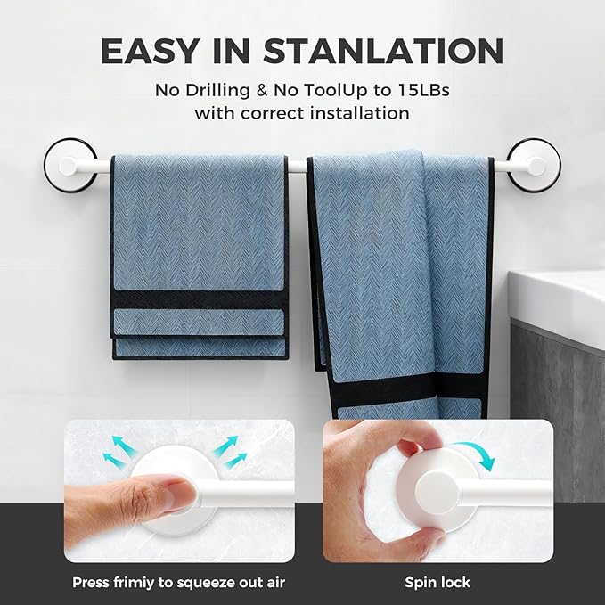 Adjustable Suction Cup Towel Bar for Bathroom Wall,14.6Inch~24 Inch Towel Racks for Bathroom,Stainless Steel Bath Towel Holder for Shower,2 Pack(Matte White)