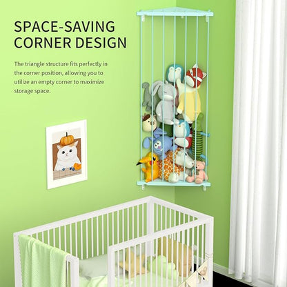 Stuffed Animal Storage Shelf Organizer(Patented) - Corner Stuffed Animal Holder Length Adjustable - Wall Plush Storage for Nursery Playroom Bedroom Kids Room (Macaroon Blue, Standard)