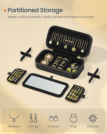 SONGMICS HOME Travel Jewelry Case, Travel Jewelry Box Organizer with Mirror, 4.1 x 8 x 2.4 Inches, Stitching, Portable, Gift Idea, Ink Black UJBC180B01