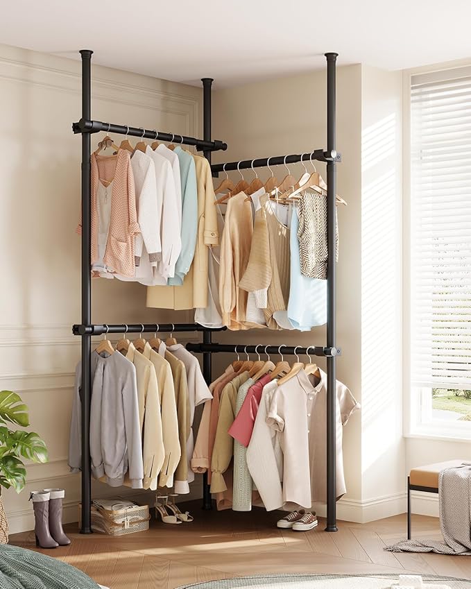 Floor to Ceiling Clothes Rack, Heavy-Duty Telescopic Garment Rack, 43–122in Height & 30–47in Width, 220lbs Total Load Capacity, 4-Pole, Black