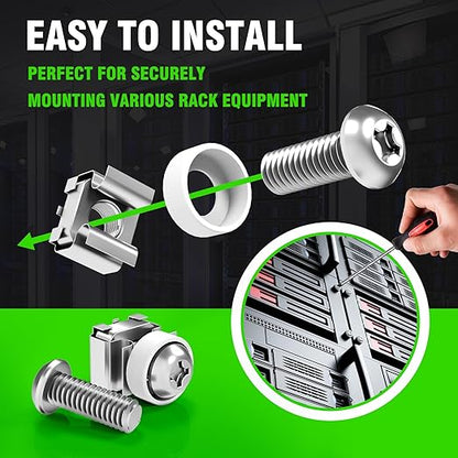 M6 x 16mm Rack Mount Cage Nuts, Screws and Washers - 50 Pack for Server Cabinets, Shelves, Routers - Self-Locking Cable Ties