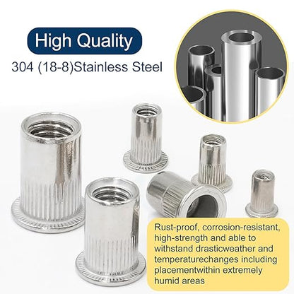 Metric 304 Stainless Steel Rivet Nut Assortment Kit(218 Pcs),M3 M4 M5 M6 M8 M10 Flat Head Rivnut Set,Rivnut Threaded Insert Nut