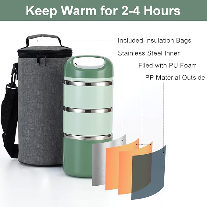 Lille Home 3-Layer Stainless Steel Lunch Box 1.43L- Leakproof, BPA-Free Insulated Bento Box for On-the-Go Meal Prep, Stackable Food Container for Women & Men