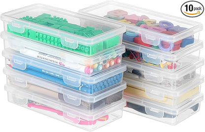10 Pack Clear Plastic Pencil Case Pouch Box - Stackable Storage Organizer with Snap Lid for Pens, Markers, Beads, Jewelry, Stickers, Art Supplies, School Office Hobby Use, Rectangular Flat