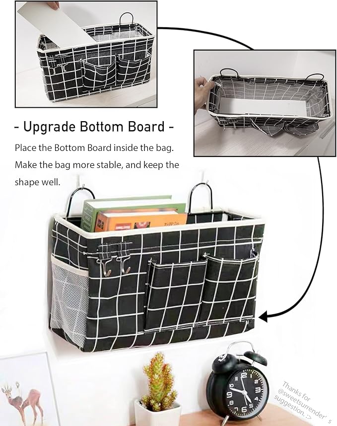 2pcs Large Wall Hanging Organizer Bag, Linen Fabric Door Hanging Storage Baskets with Pockets, Waterproof Bin for Kitchen, Bedroom, Office, RV Camper (Black)