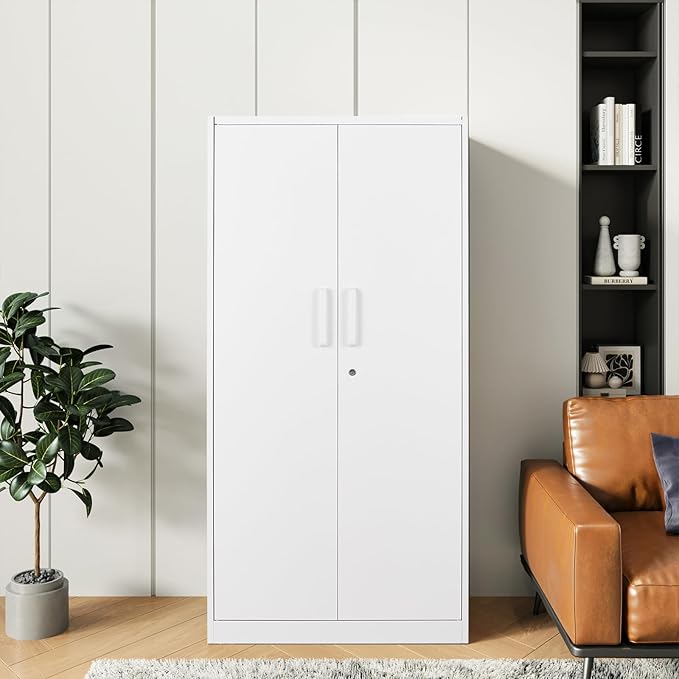 Metal Garage Storage Cabinet, 71" Locking Cabinet with 2 Doors and 5 Adjustable Shelves, White