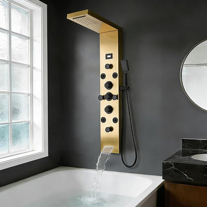 POPFLY LED Rainfall Waterfall Shower Panel Tower System, 4 Body Jets and 4 Mist Spray, 3-Function Handheld Shower, Stainless Steel Shower Tower with Temp Display, Brushed Gold