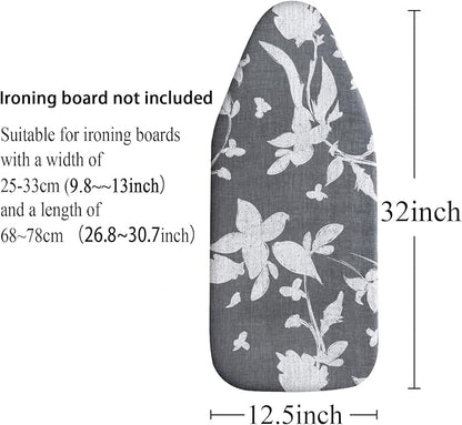 Small Ironing Board Cover Scorch Resistant, Cotton Table top Ironing Board Cover with Padding Heat Reflective Heavy Duty Pad (Grey Floral, 12.5"x32")