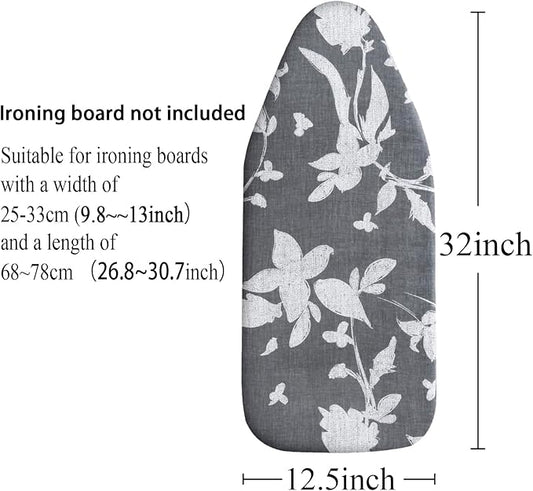 Small Ironing Board Cover Scorch Resistant, Cotton Table top Ironing Board Cover with Padding Heat Reflective Heavy Duty Pad (Grey Floral, 12.5"x32")