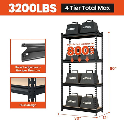 JEKOSEN 3200Lbs Storage Shelves Heavy Duty 4 Tier Adjustable Garage Shelving,Utility Rack Shelf Units for Closet Pantry Basement Kitchen Warehouse,30" Wx12 Dx60 H,Black