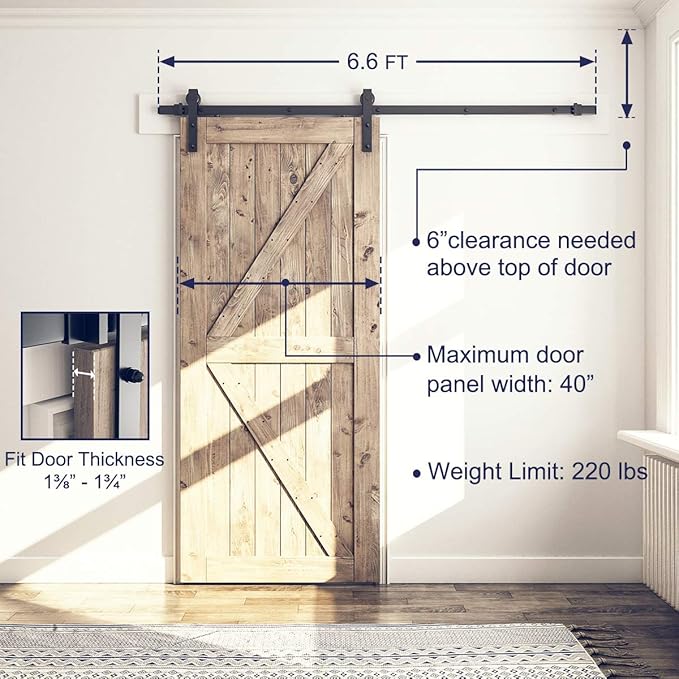 SMARTSTANDARD 6.6 Feet Heavy Duty Sturdy Sliding Barn Door Hardware Kit -Smoothly and Quietly -Easy to Install -Includes Step-by-Step Installation Instruction Fit 40" Wide Door Panel (J Shape Hanger)