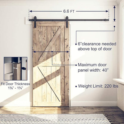SMARTSTANDARD 6.6 Feet Heavy Duty Sturdy Sliding Barn Door Hardware Kit -Smoothly and Quietly -Easy to Install -Includes Step-by-Step Installation Instruction Fit 40" Wide Door Panel (J Shape Hanger)