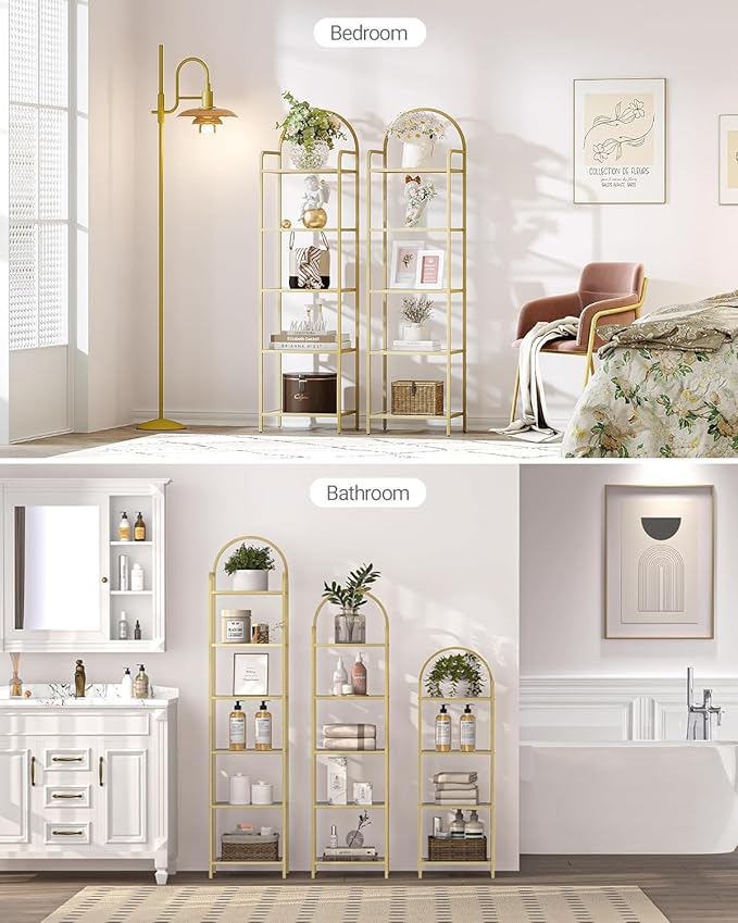 Bookcase Bookshelf, Tempered Glass Bookshelves, Slim Shelving Unit for Bedroom, Bathroom, Home Office, Steel Frame, 5 Tier Gold BC05001G