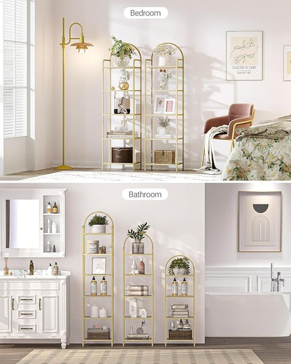 Bookcase Bookshelf, Tempered Glass Bookshelves, Slim Shelving Unit for Bedroom, Bathroom, Home Office, Steel Frame, 5 Tier Gold BC05001G