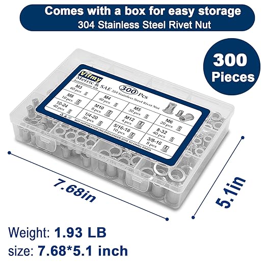Metric & SAE Rivet Nut Assortment Kit(300 Pcs), M3 M4 M5 M6 M8 M10 M12#8-32#10-24 1/4"-20 5/16"-18 3/8"-16 304 Stainless Steel Rivnut Set UNC Flat Head Nutsert