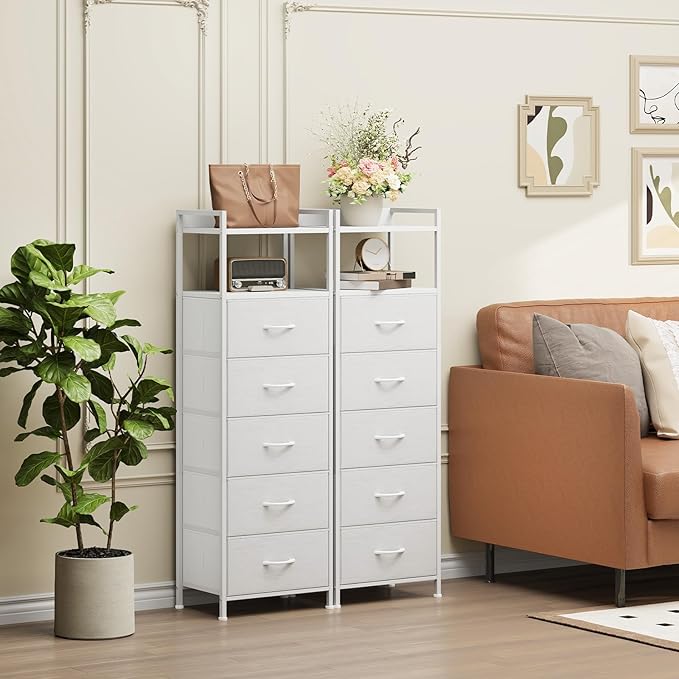 Somdot Tall Dresser for Bedroom,5 Drawers Nightstand Vertical Storage Tower Unit, Night Stand Furniture with Fabric Drawer Organizer in Bedside Hallway, Entryway, Nursery, Closet