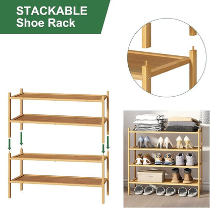 4-Tier Shoe Rack for Entryway, Bamboo Wood Shoe Rack 4-Tier, Stackable Shoe Organizer for Closet, Free Standing Shoe Racks for Indoor & Outdoor