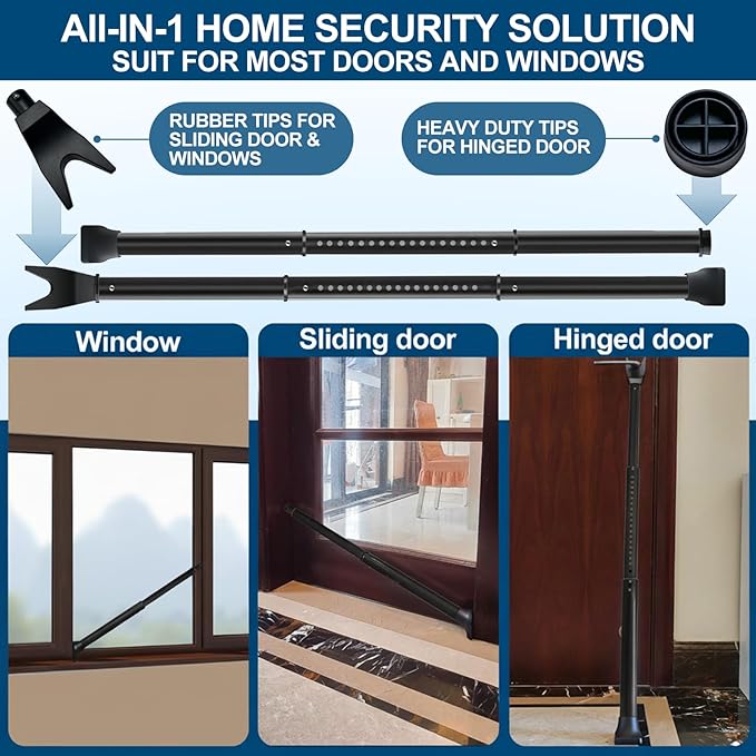 Door Security Bar, Rerishom Door Stoppers Security bar,Heavy Duty Door Lock Security Door Jammer Door Stopper for Apartment, Hotel Room,Screen Door Hardware (Dark Black, 2 Pack)