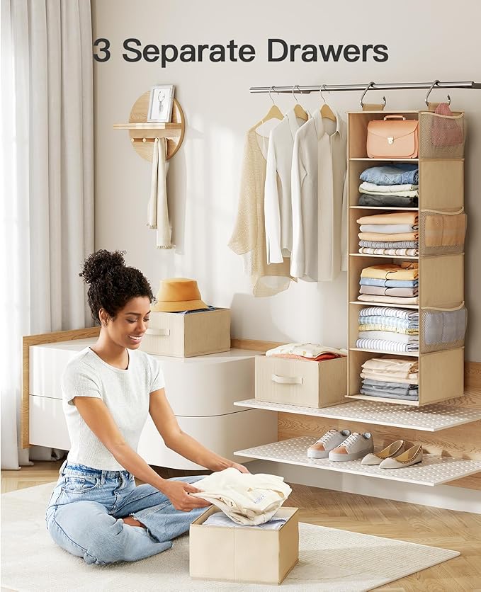 Pipishell 6-Shelf Hanging Closet Organizer, with 3 Detachable Drawers & Side Pockets, Closet Organizers and Storage for Bedroom, Garment Rack and Wardrobe Organization, Dorm Clothes Organizer, Beige