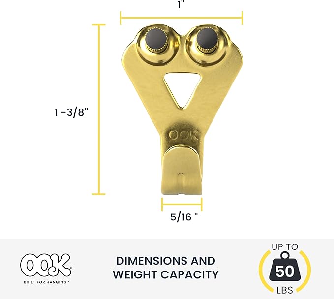OOK 50616 Professional Picture Hangers, Art Hangers, Padded, Brass, Reusable Picture Hooks, 50lb (10 set)