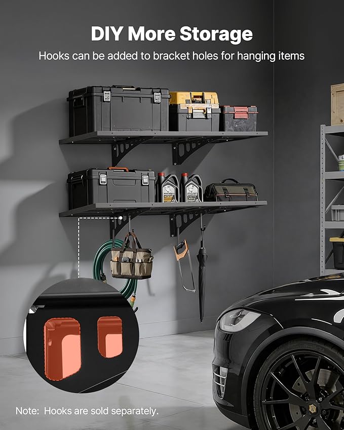VEVOR 2-Tier Heavy Duty Wall Garage Shelving, 1.64 x 4 ft Steel Wall Mounted Shelving Unit, 19.68 x 48 Inch Per Shelf Floating Storage Metal Rack for Garage with 560 lbs Total Weight Capacity, Black