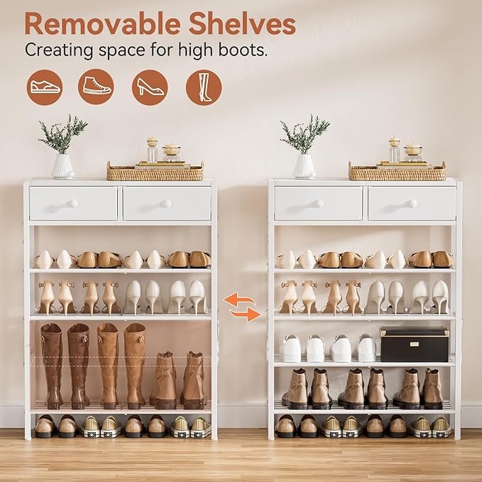 Shoe Rack for Entryway, 5 Tier Shoe Organizer with 2 Non-Woven Drawers, Metal Storage Shoe Shelf for 16-20 Pairs of Shoes, with Wooden Top and Steel Frame, Shoe Stand for Closet Greige