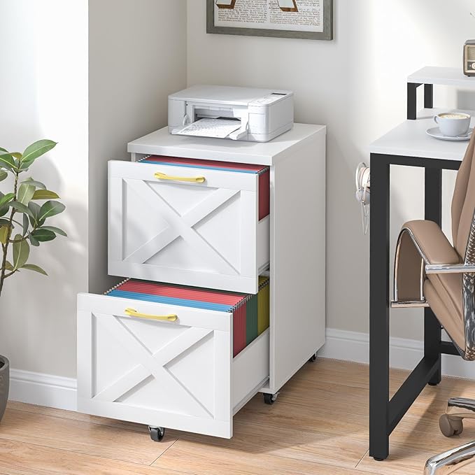 2 Drawer Small File Cabinet with Wheels, Farmhouse Vertical Filing Cabinet Fits A4/Letter Size, Under Desk Rolling File Cabinets for Home Office, Wooden Printer Stand, White