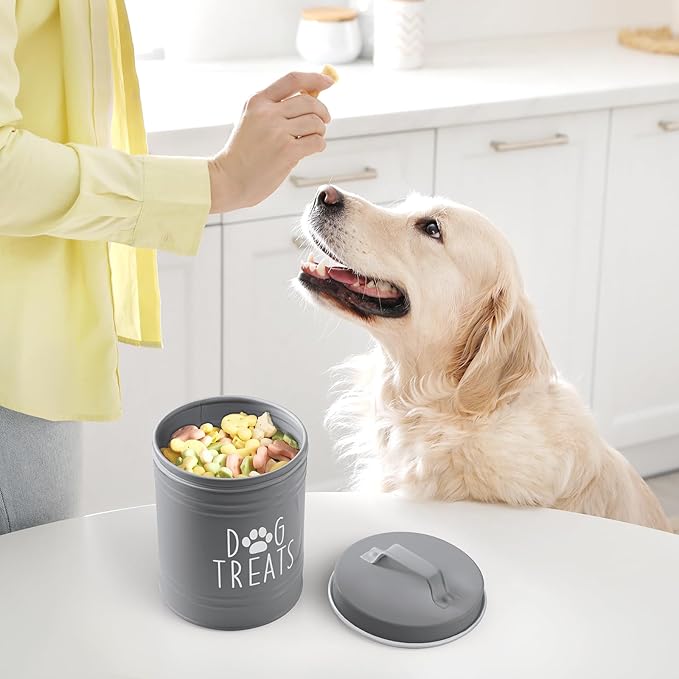 Small Dog Treat Container Airtight - 6" Tall X 4.9" Round Gray Dog Treat Jar for Kitchen Counter - Rustic Treat Storage Canister for Dogs, Cats, Small Animals - Gifts for Pet Owners