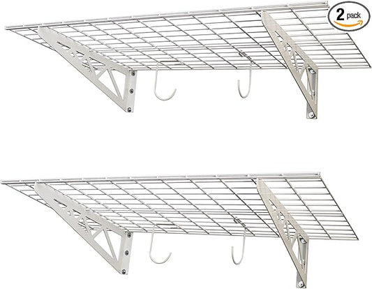 MonsterRax | Garage Wall Shelf Two-Pack White or Hammertone | Three Size Options | Includes Bike Hooks | 500lb Weight Capacity (White, 18"x48" or !8"x96")