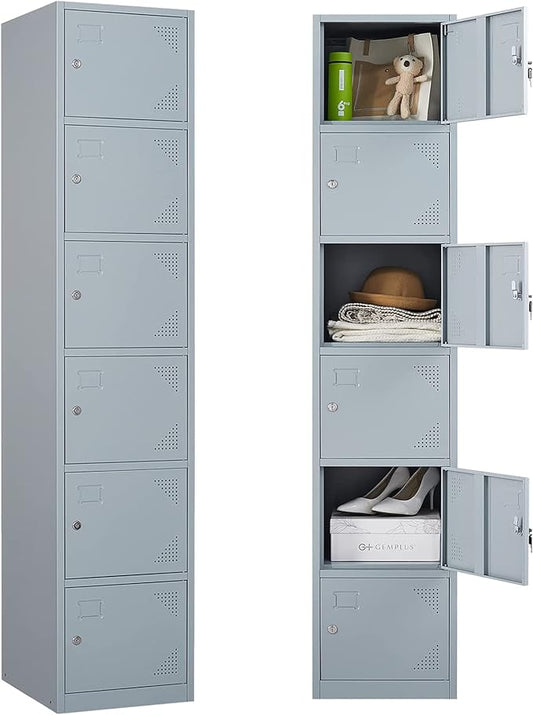 Letaya Metal Lockers for Employees,71" Steel Storage Cabinet with 6 Door Lockable for Office Staff,Home Sundries,Gym,School (Gray)