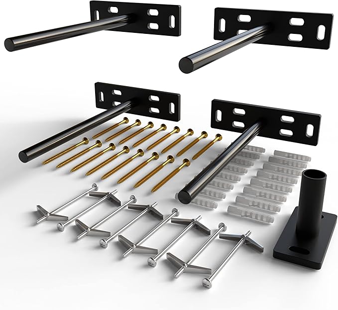 Set of 4 Floating Shelf Brackets Heavy Duty (1/4 inch Thick Baseplate) Painted Black Mild Steel/ Bracket for Hidden Wall Shelves Support Hardware Mount Kitchen/Nursery Decor (8 inch Rods)
