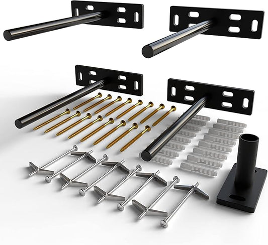 Set of 4 Floating Shelf Brackets Heavy Duty (1/4 inch Thick Baseplate) Painted Black Mild Steel/Bracket for Hidden Wall Shelves Support Hardware Mount Kitchen/Nursery Decor (10 inch Rods)