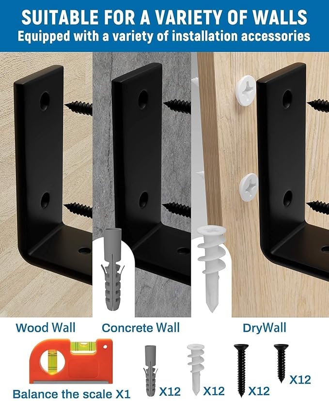 LEOPO 12 inch Shelf Brackets 6-Pack ,1/5 inch Thick Heavy Duty Industrial Bracket for DIY Floating Shelf Support, Black Coated Wall Shelf Support 11.25” x 6” x 1.5”