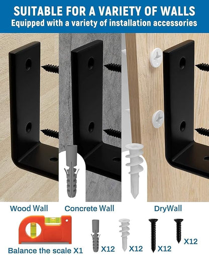 LEOPO 12 inch Shelf Brackets 6-Pack ,1/5 inch Thick Heavy Duty Industrial Bracket for DIY Floating Shelf Support, Black Coated Wall Shelf Support 11.25” x 6” x 1.5”