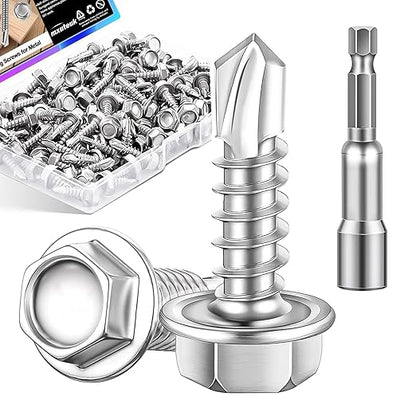 mxuteuk #8×1/2" Self Tapping Screws,410 Stainless Steel Self Tapping Screws for Metal,Self Drilling Screws,Hex Washer Head Sheet Metal Screws Suitable for Wood, Metal or Tough Materials (230PCS)