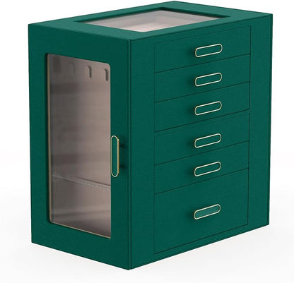 Jewelry Boxes for Women, 6 Layer Jewelry Organizer with Glass Lids, Jewelry Holder Organizer with 5 Drawers and 2 Glass Doors for Jewelry Storage, Big Jewelry Box for Womens Gift (Green)