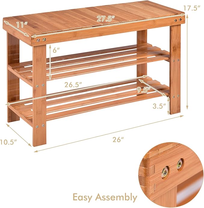 COSTWAY Bamboo Shoe Rack Bench 3-Tier Free Standing Wood Shoe Storage Organizer Shelf Holder Home Entryway Hallway Furniture Eco-Friendly (Natural)